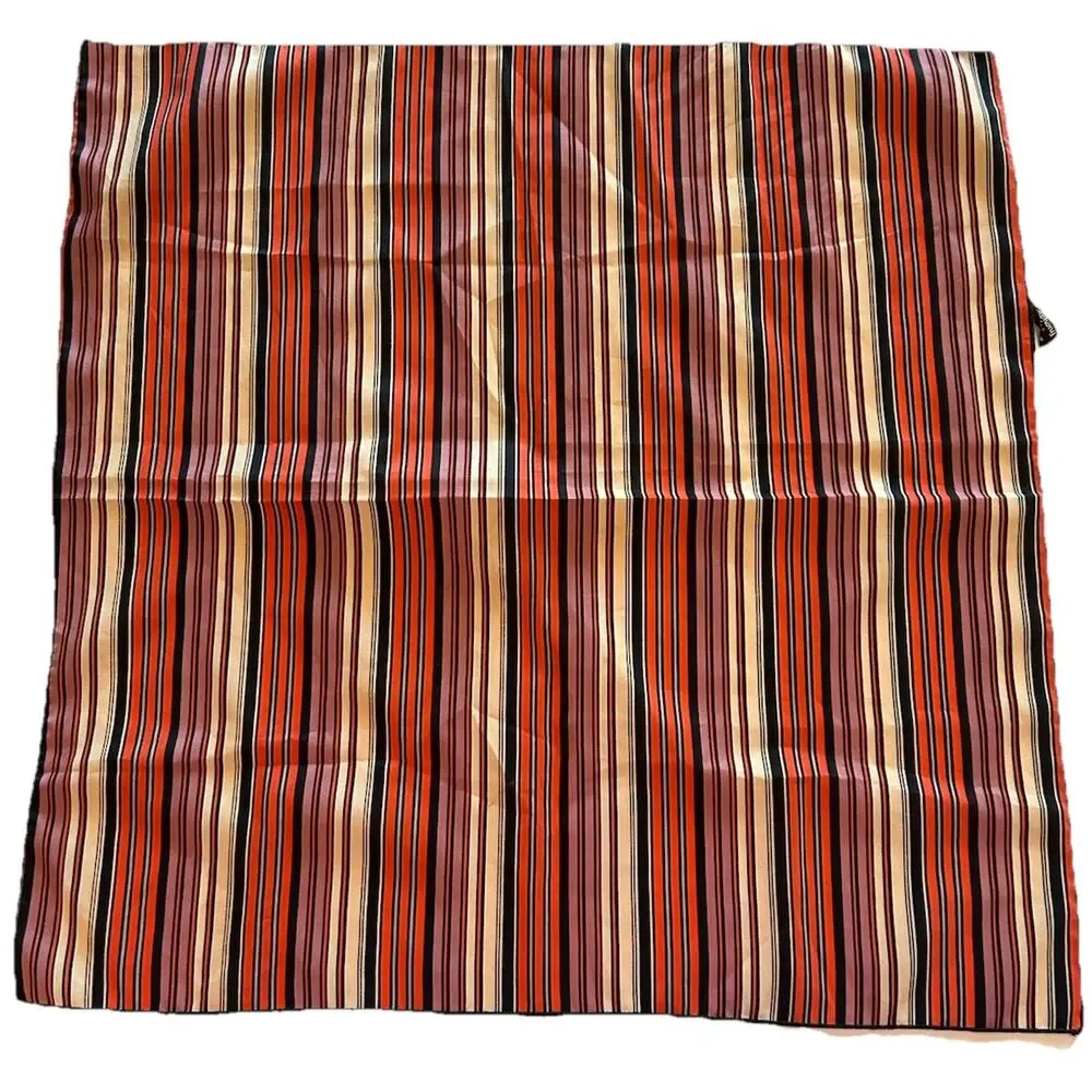 Vtg Symphony Striped‎ 20” Square Scarf Black Tan Red Rolled Hem MCM 1960s USA
